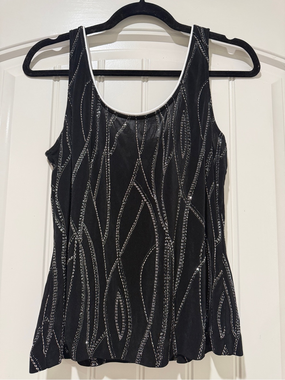 Alex Evenings Black Tank Top with Silver Linear Pattern